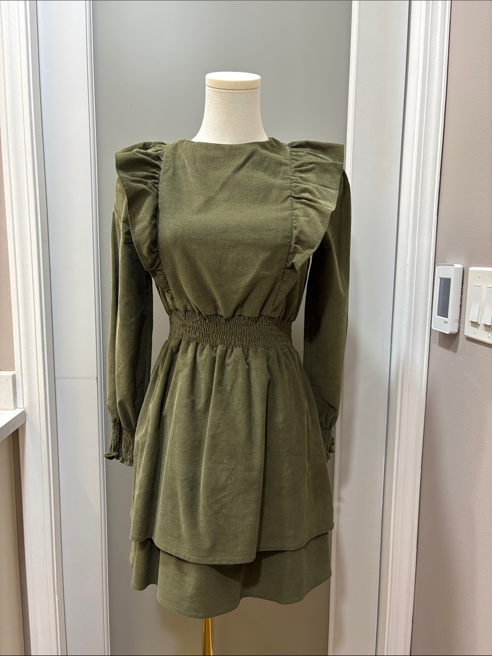 Emerson Fry Olive Green Long Sleeve Ruffle Shoulder Dress